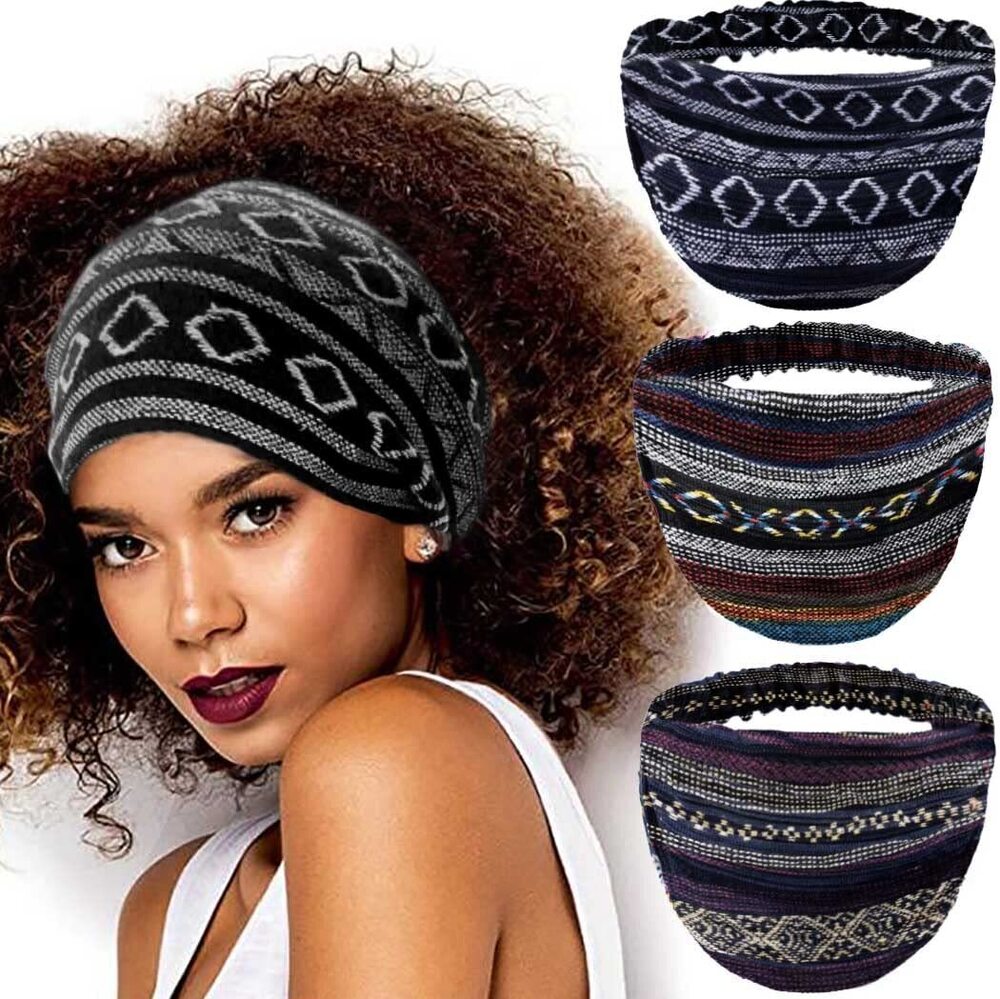 4074 Boho Wide Headbands African Head Wraps Stretchy Hairbands Stripe